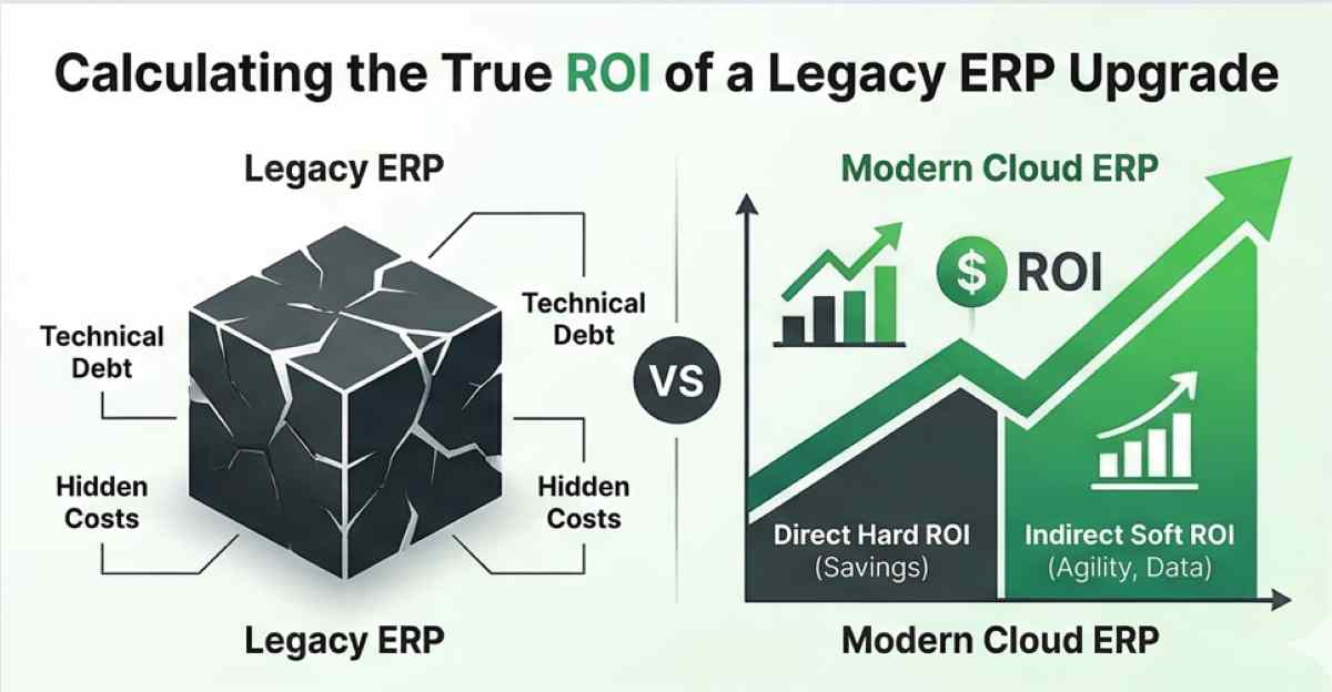 A professional infographic style blog banner image, visually comparing two distinct sides: a darker 'Legacy ERP' with a 'High Maintenance Tax' and 'Customization Fragility', versus a vibrant 'Modern Cloud ERP' showcasing 'True ROI' with pillars for 'Direct Hard ROI Savings' and 'Indirect Soft ROI Value' through increased agility and faster decision cycles, illustrating an ERP upgrade business case.