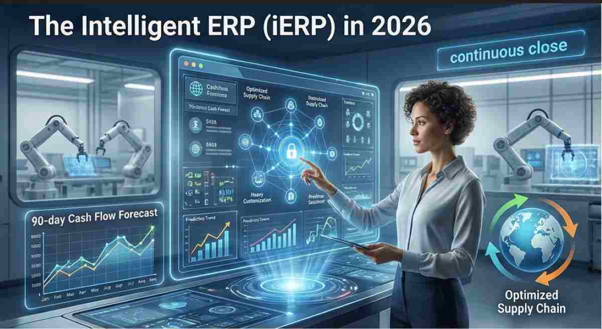 A futuristic command center with a professional woman interacting with glowing holographic data visualizations forecasting supply chain optimization and cash flow, representing an intelligent AI-powered ERP system.