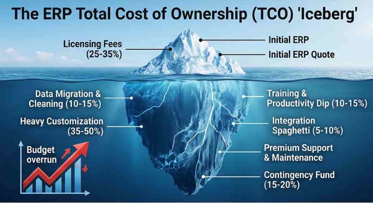 An infographic illustrating the hidden costs of ERP implementation as a large iceberg, with the small visible tip labeled "licensing" and the massive submerged part showing data migration, customization, training, and maintenance expenses.