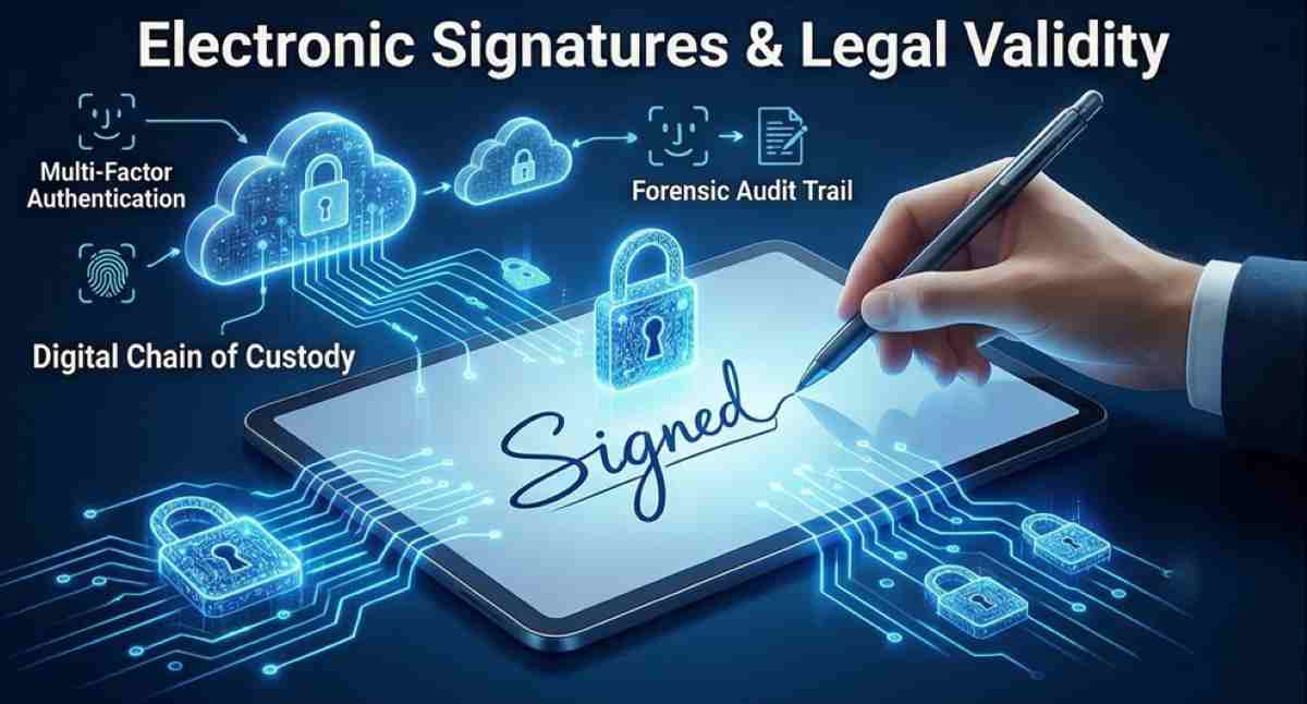 A luminous tablet screen where a high-end stylus creates a signature that transforms into a glowing cryptographic lock, surrounded by icons for multi-factor authentication, audit trails, and data security.