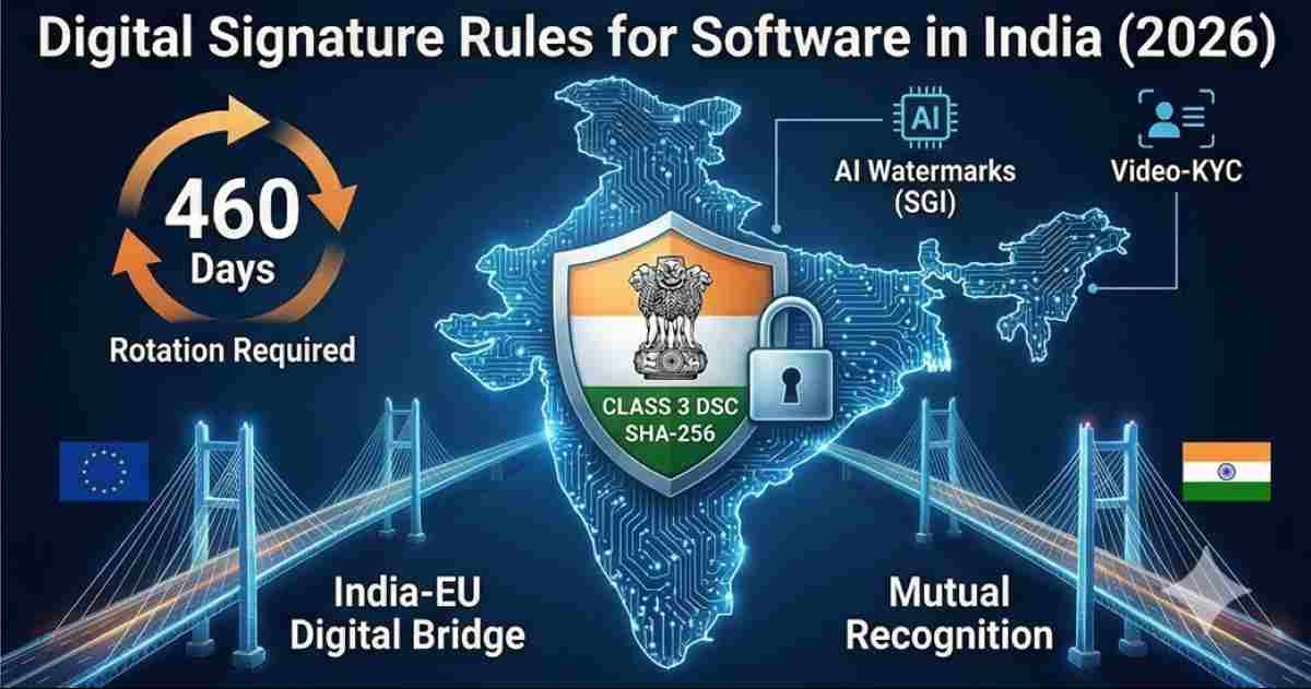 A digital map of India composed of intricate circuits and security locks, featuring a countdown timer for code signing certificate rotation and connecting bridges to the European Union for mutual recognition of advanced electronic signatures.