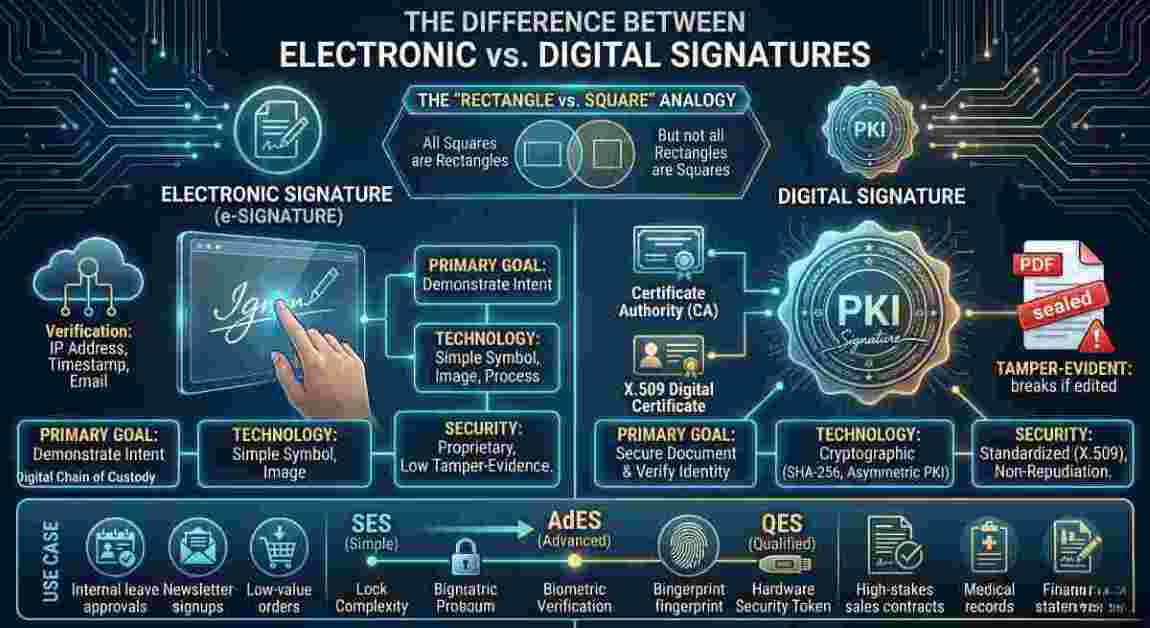 A comparative illustration split between a hand checking a basic consent form representing an electronic signature, and a complex glowing cryptographic seal utilizing SHA-256 and PKI technology representing a secure digital signature.