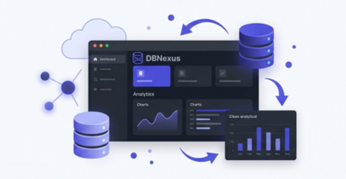 Modern database management dashboard illustration showing SQL tools, server cylinders, and data analytics in dark gray and indigo.