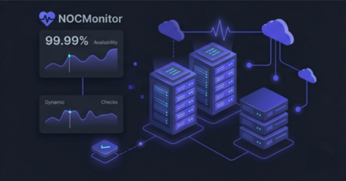 IT infrastructure and website monitoring software dashboard showing server uptime, network health graphs, and 99.99% availability.