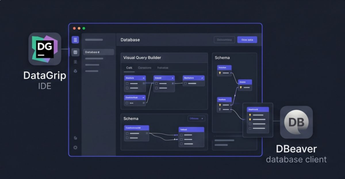 Modern database management dashboard illustration showing visual query builders, schema mapping, and fictional product logos ('DG', 'DB') in dark gray and indigo.