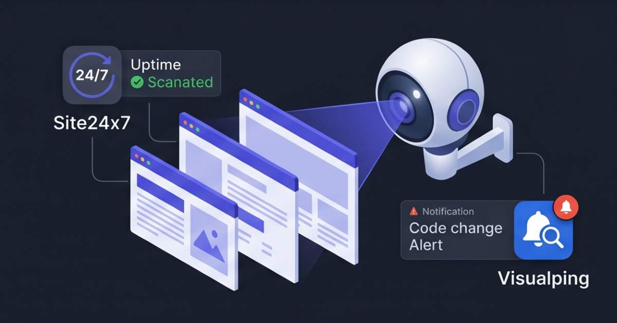 Website monitoring software interface showing dynamic web page panel scanning by a modern camera unit, featuring fictional notification icons and logos ('Site24x7', 'Visualping').