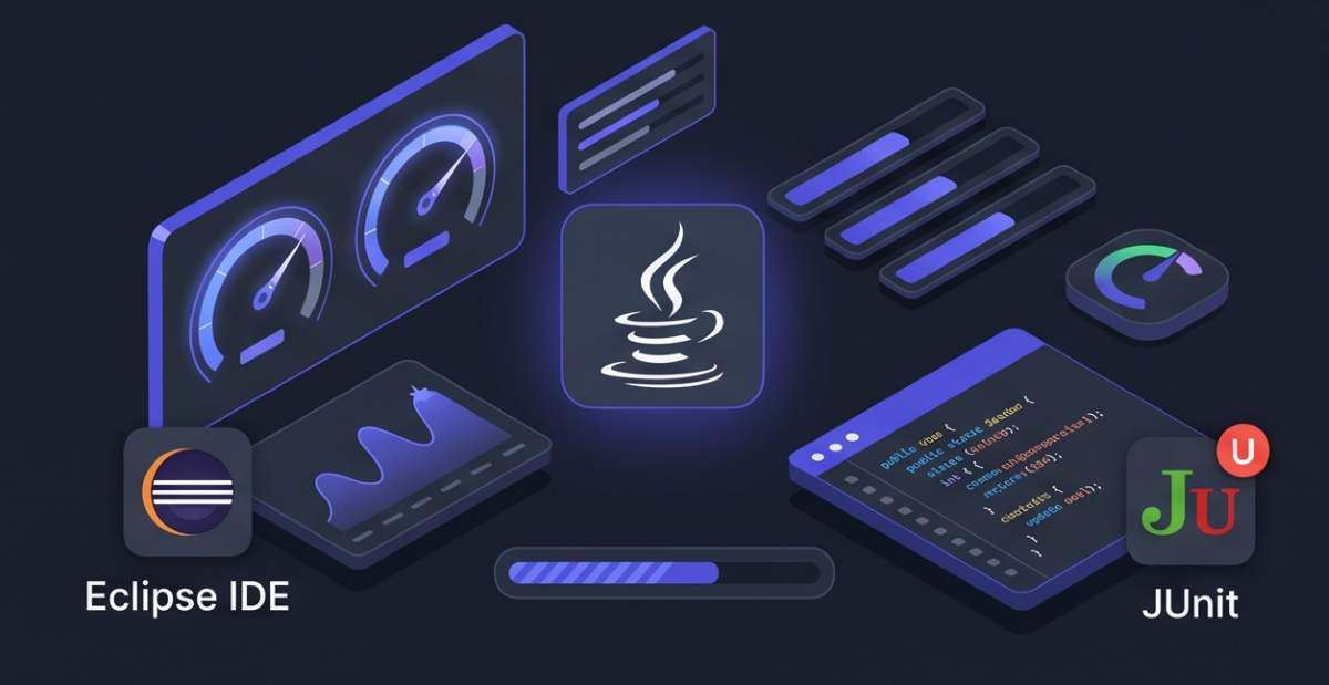 Java development environment illustration showing glowing code blocks, performance metrics, a central stylized Java coffee cup, and fictional logos ('Eclipse IDE', 'JUnit') in dark gray and indigo.