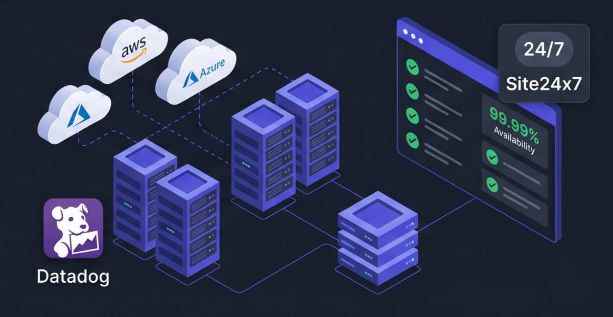 IT infrastructure and cloud monitoring software dashboard visualizing multiple server racks, connected abstract cloud nodes, a status screen showing dynamic checks and '99.99% Availability,' and fictional logos ('Datadog', 'Site24x7') in dark gray and indigo.