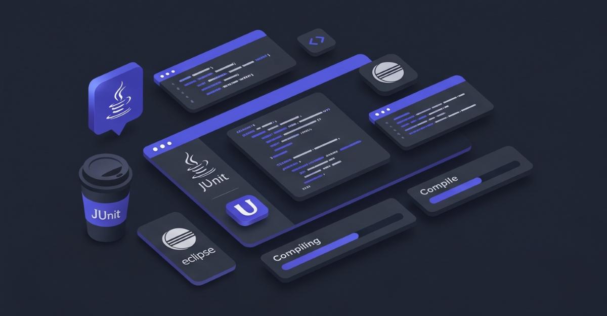 Modern SaaS dashboard illustration showing Java development tools, code blocks, metrics, and fictional logos ('JUnit', 'Eclipse IDE') with indigo and dark gray accents.