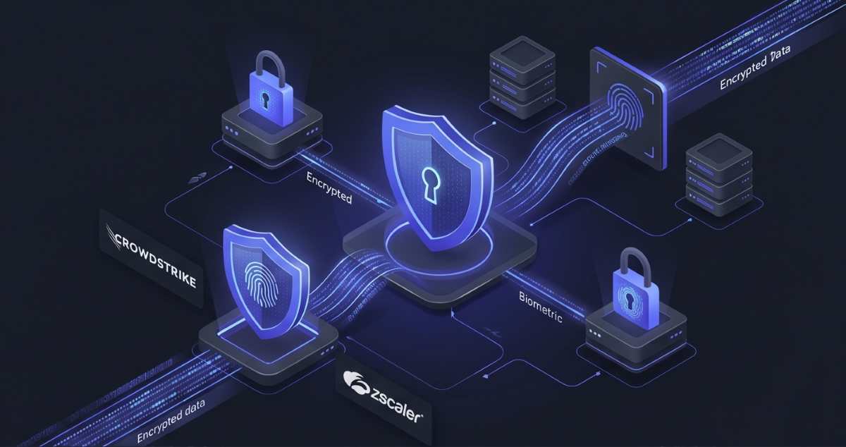 Modern SaaS interface illustrating enterprise cybersecurity, glowing digital shields, encrypted data streams, and fictional logos ('CrowdStrike', 'Zscaler') with indigo and dark gray styling.