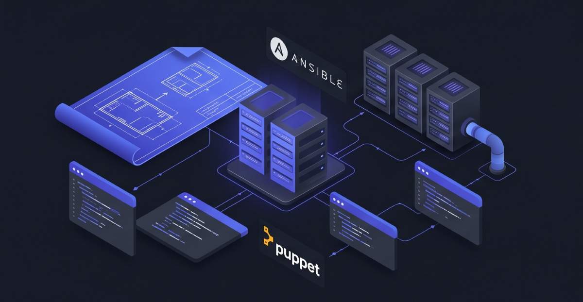 Modern SaaS interface showing software configuration management, automated server deployments, infrastructure as code, and fictional logos ('Ansible', 'Puppet') with indigo and dark gray styling.