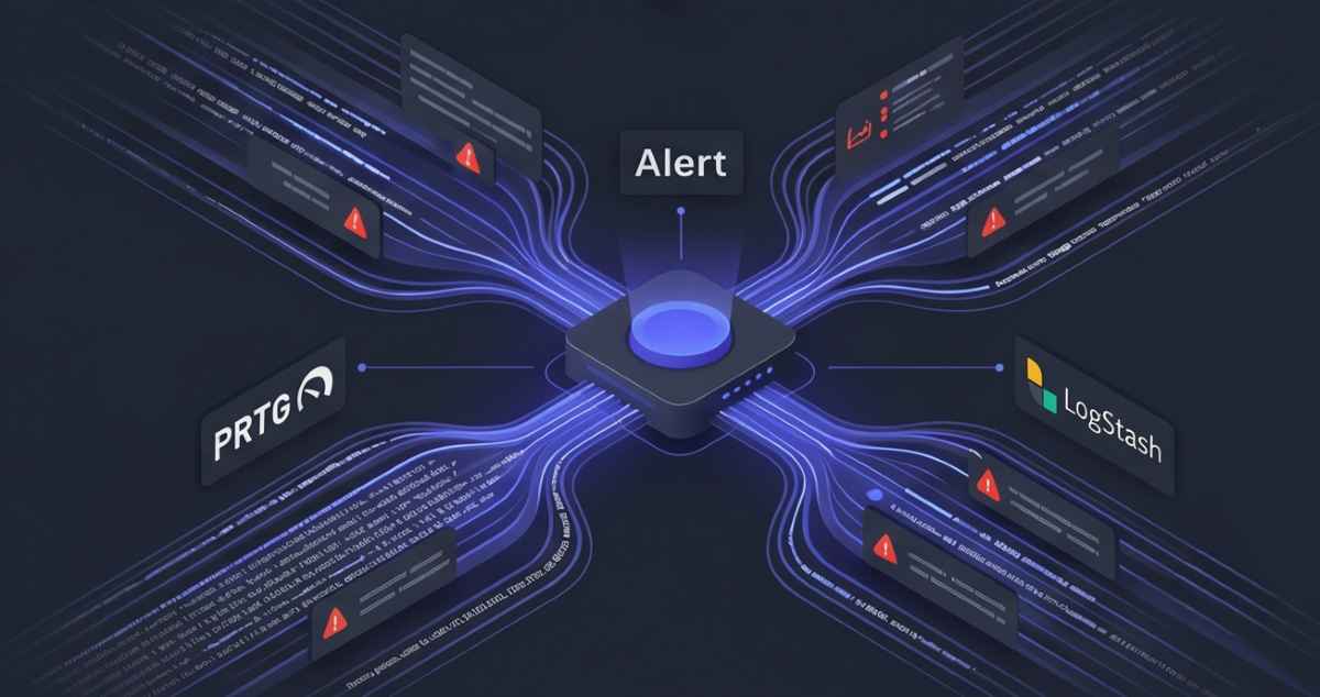 Modern SaaS interface illustrating centralized Syslog server management, glowing data streams, network alert indicators, and fictional logos ('PRTG', 'LogStash') with indigo and dark gray styling.