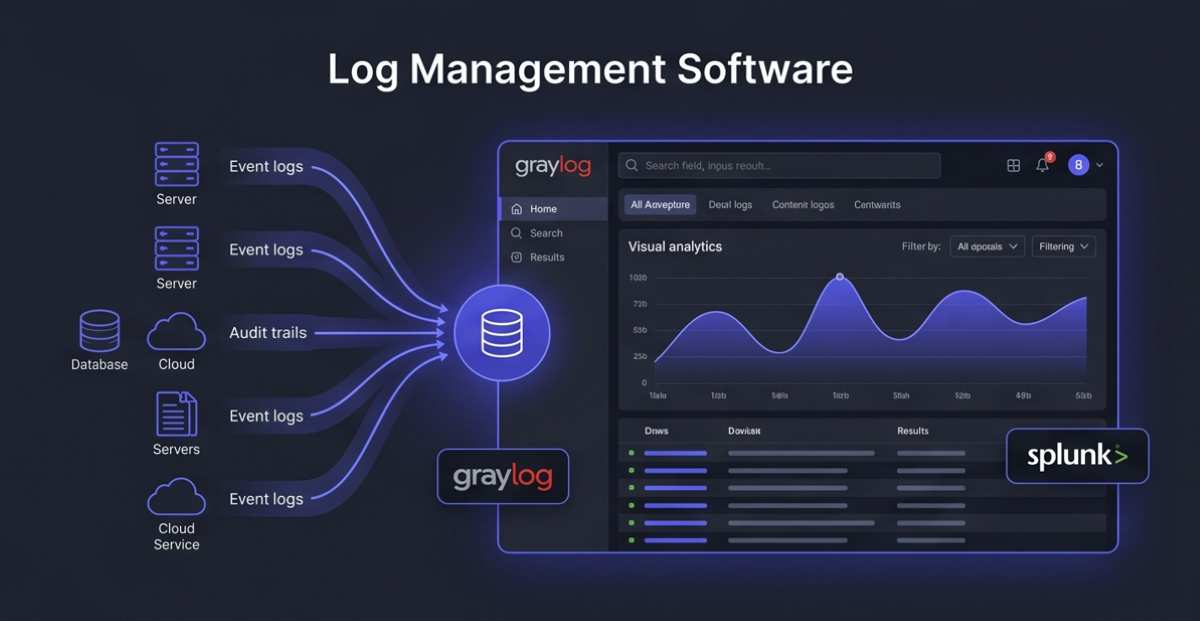Modern SaaS dashboard illustration showing centralized log management, glowing data streams, and structured analytics dashboards with indigo and dark gray styling.