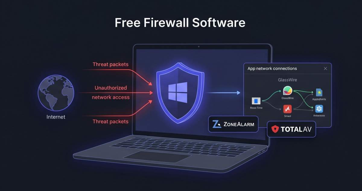 Modern SaaS interface illustrating network firewall protection, digital shields, and secure data traffic on Windows with indigo and dark gray styling.