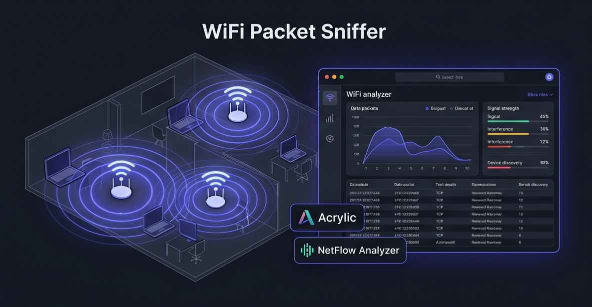 Modern SaaS interface illustrating WiFi packet sniffing, glowing wireless radar waves, and encrypted network data interception with indigo and dark gray styling.