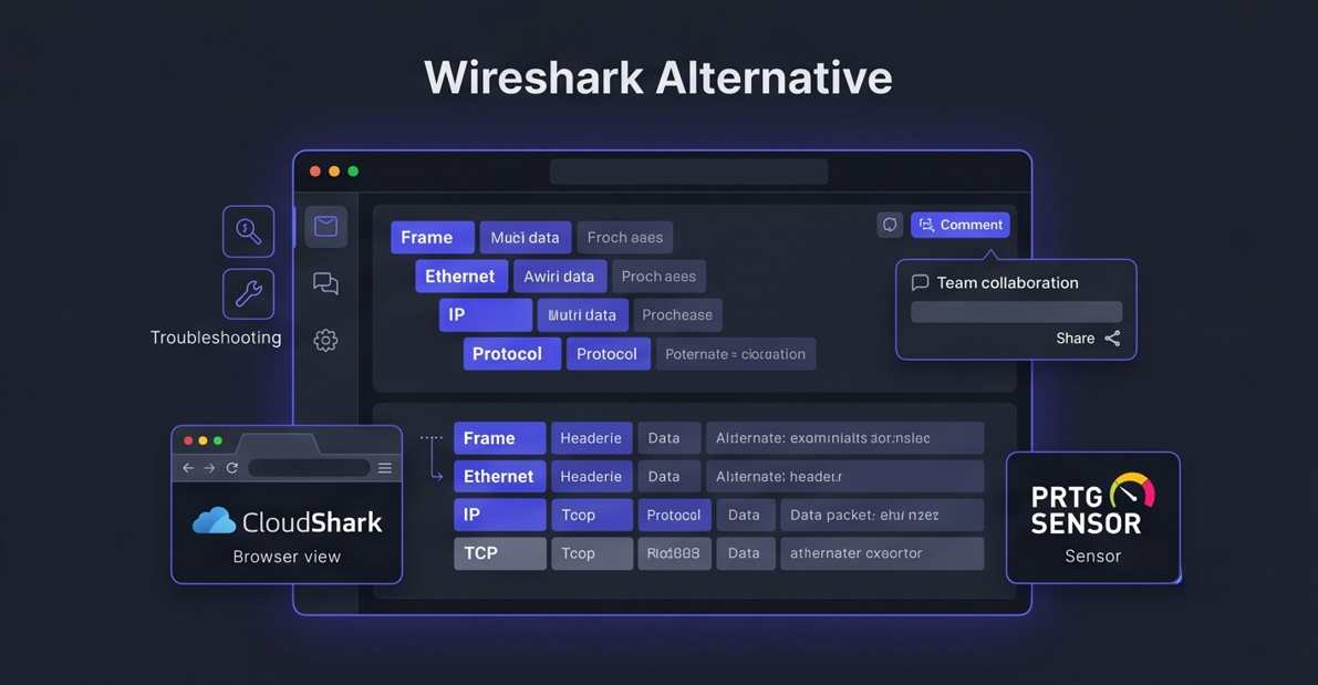 Modern SaaS interface illustrating network protocol analysis, protocol decoding, and digital traffic streams with indigo and dark gray styling.