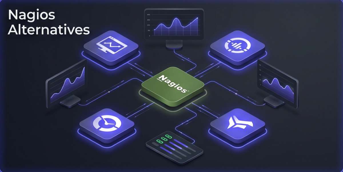 A visualization of upgrading an outdated network monitoring system (#111827). Multiple modern, glowing indigo (#4f46e5) SaaS platform icons, featuring real-time dashboards and key performance indicators like Auto-Discovery and Cloud Support, are shown replacing a central, dated Nagios icon. Interconnected glowing lines illustrate data flow in a cinematic, sophisticated 3D isometric visual.