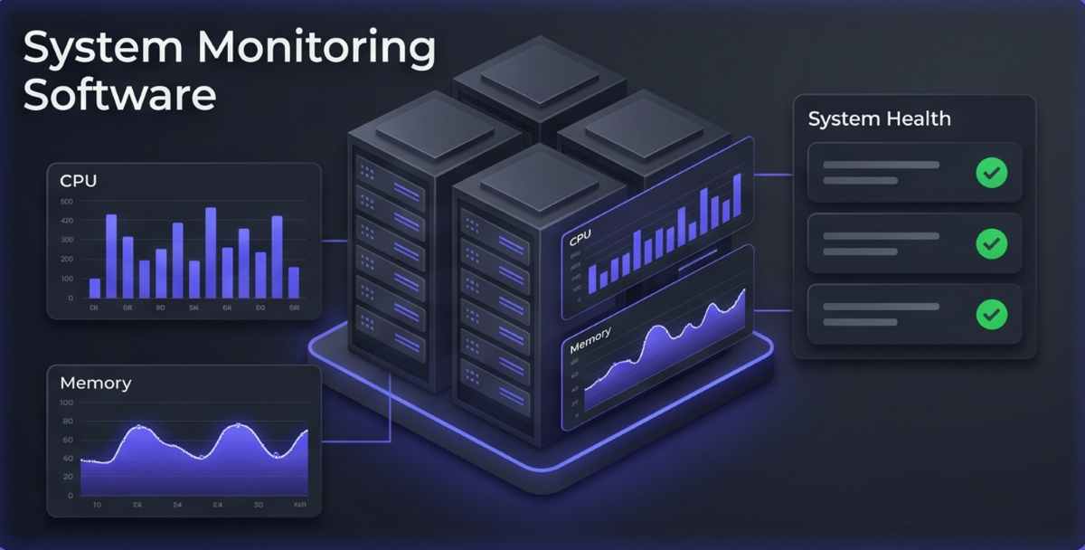 Comprehensive enterprise system monitoring dashboard overview (#111827). A detailed 3D isometric visual of integrated IT infrastructure—including multi-vendor servers, virtual machines, and applications—is displayed on a large glowing console. Real-time performance metrics like CPU load and memory usage are highlighted with glowing indigo (#4f46e5) accents and green checkmarks indicating optimal health status alongside historical data charts.