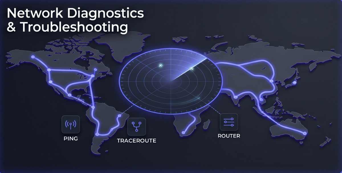 An active network diagnostics command center visualization (#111827). A detailed global topology map is displayed on a console, with a radar-like sweeping indigo (#4f46e5) effect highlighting faulty nodes and specific error states like PING failure or TRACEROUTE error. Interconnected pathways show data packet movement and dropped packets, with a dedicated routing issues log visible, in a cinematic, sophisticated 3D isometric visual.