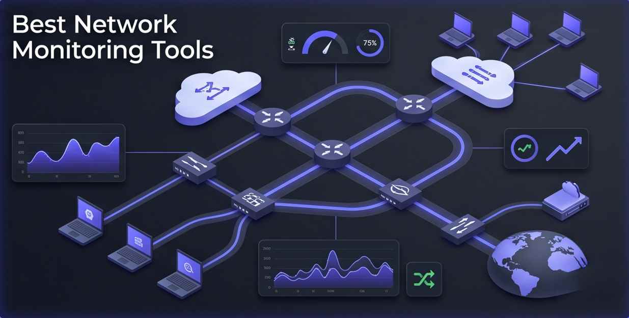 SaaS-based network monitoring platform dashboard visualization. Interconnected geometric data centers (#111827) send glowing indigo (#4f46e5) data streams to a central console displaying performance graphs, real-time alerts, and system health status. Icons represent monitored cloud services, servers, and global network endpoints, linked by active tracking paths in a cinematic, sophisticated 3D isometric visual.