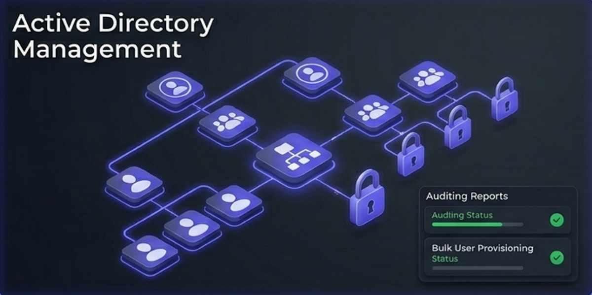 A sophisticated 3D isometric visualization of a secure Active Directory user and group hierarchy, presented against a cinematic deep dark gray (#111827) background. Glowing indigo (#4f46e5) data pathways connect secure user profiles and interlocking padlocks, representing automated bulk management and identity auditing. An informative visual for a ManageEngine ADManager Plus product review