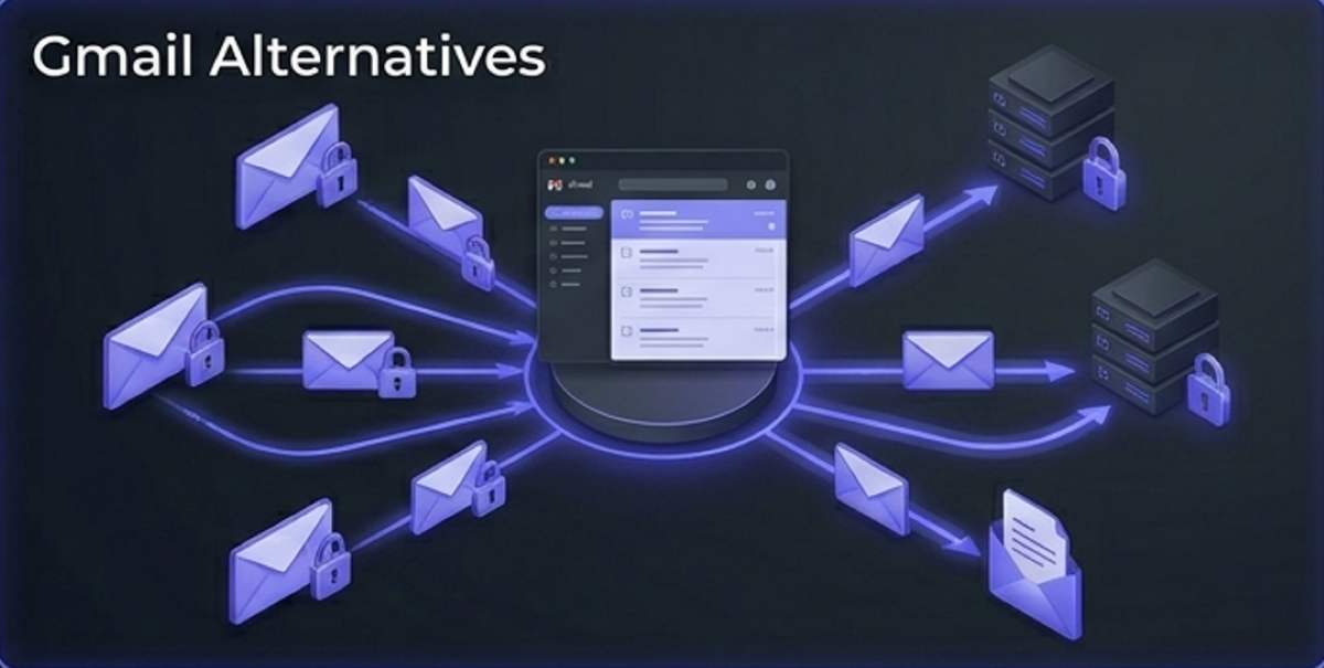 A 3D isometric visualization representing secure Gmail alternatives, showing encrypted email envelopes flowing into a central, ad-free inbox interface and secure servers, highlighted by glowing indigo data paths.