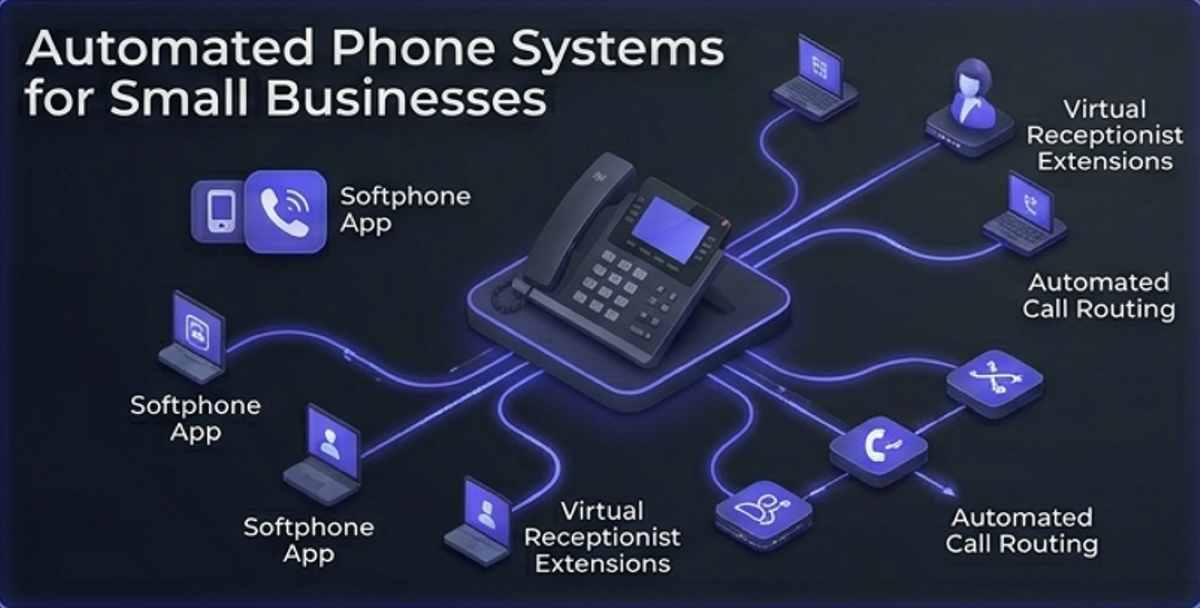 A 3D isometric diagram of an automated phone system for small businesses, displaying a central desk phone routing glowing connections to softphone apps, virtual receptionists, and call routing nodes.
