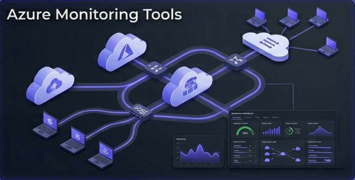 A 3D isometric visualization of Azure monitoring tools, illustrating interconnected cloud computing environments, digital data flows, and detailed performance dashboards tracking IT infrastructure health.