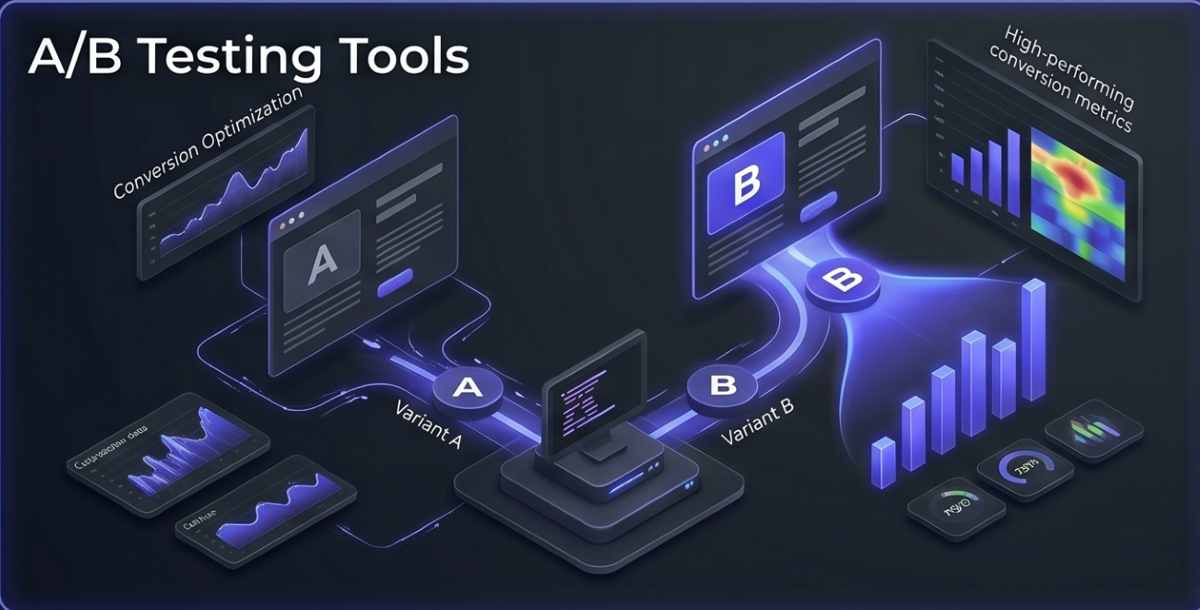 A visualization of split testing. Two digital page variants labeled "Variant A" and "Variant B" fan out from a central terminal. Indigo glowing pathways visualize data being split. Projected results show variant 'B' winning with intense indigo glowing bar charts and heatmaps visualised fanning into the background. Small fanning data charts are integrated into the map, representing Conversion Rate Optimization (CRO) metrics for an optimized visual suitable for a Zoho PageSense product review.