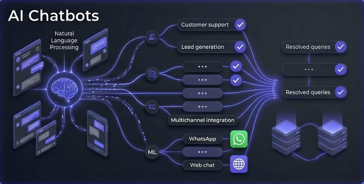 A visualization of conversational AI. A central glowing AI brain node connects fanning data paths that form adaptive conversation trees and paths (Machine Learning and NLP) adapted to user inputs, ending in resolved queries indicated by glowing checkmarks. Multichannel integration points are integrated into the visual. Data streams are fanning out between them, visualising conversation adaptation for a visual suitable for a Zoho SalesIQ product review.