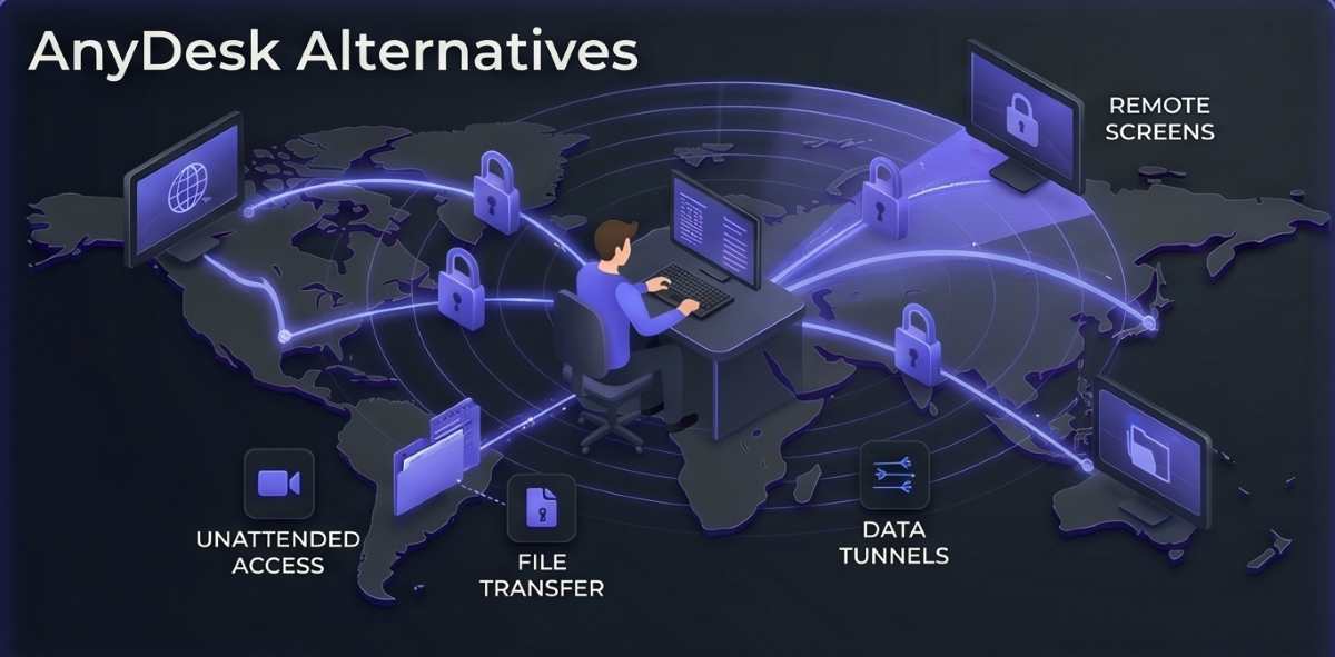 A visualization of a secure global remote IT support network. An IT technician at a centralized command console utilizes encrypted data tunnels fanning out across a stylized global map to multiple remote monitors. encryption locks and security data fan out along the pathways. Capabilities show fanning data for 'Unattended Access' and 'File Transfer' during active sessions, with a radar sweep effect integrated into the scanning overview for a visual suitable for a Zoho Assist product review.