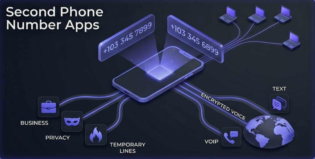 A visualization of digital privacy and virtual communication. A central smartphone projects two distinct, holographic virtual phone numbers fanning out from the top. Below the numbers, different use-case icons (business, private, temporary burners) fan out, indicating virtual lines being allocated. Encrypted voice and data paths fan out, visualising secure communication and VoIP routing for a visual suitable for an OpenPhone product review.