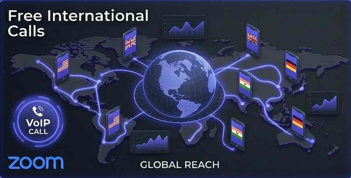 Professional 3D visualization of a global VoIP communication network (16:9), featuring a central data hub with the Zoom logo. Indigo glowing data paths connect smartphones across a digital globe on a cinematic dark gray background.