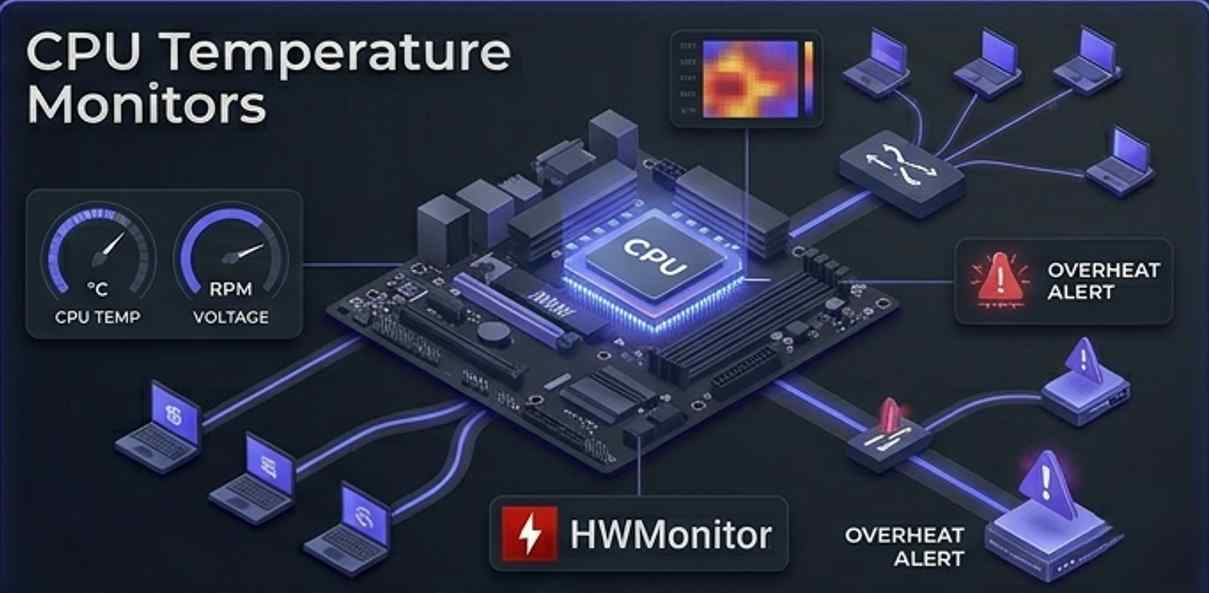 Professional 3D visualization of a CPU temperature monitoring interface (16:9), featuring central data displays with the HWMonitor logo. Thermal orange/red heatmaps and indigo glowing gauges track PC health on a cinematic dark gray background.