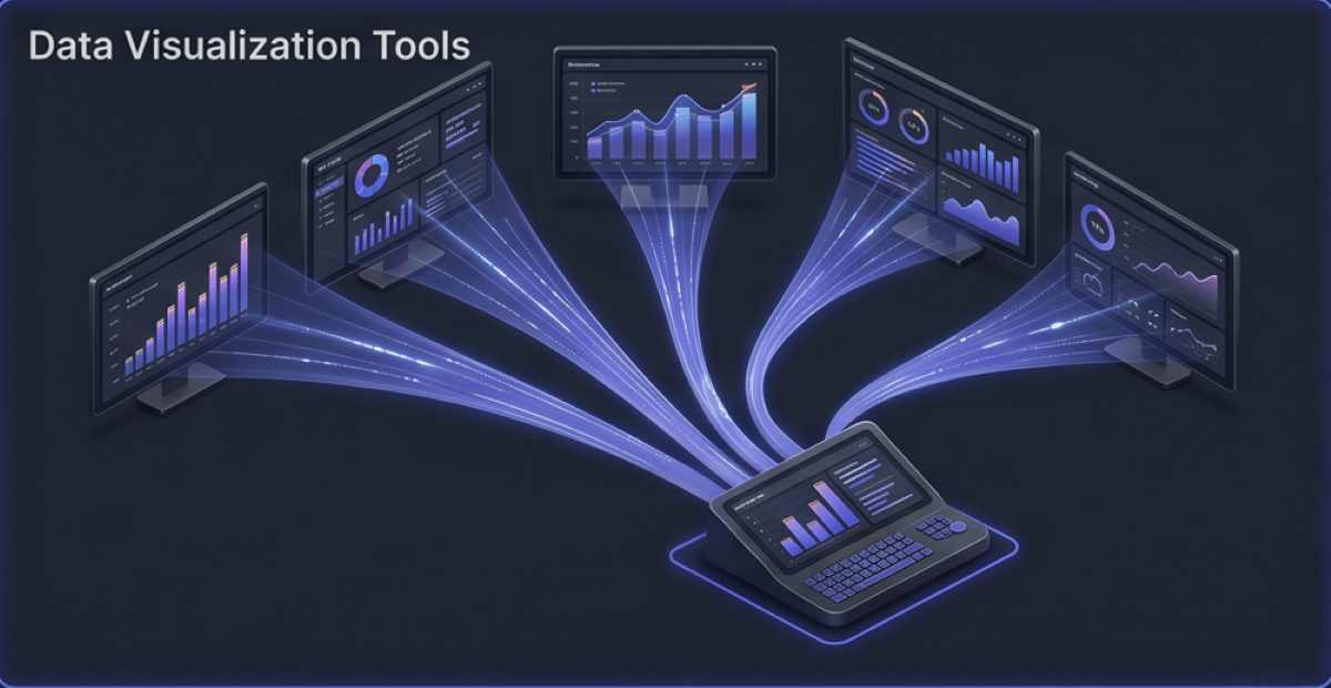 A sophisticated 3D isometric visualization for a Zoho Analytics product review, featuring diverse interactive charts and dashboards fanning out from a central console with glowing indigo accents, representing full-funnel business intelligence in a cinematic SaaS style.