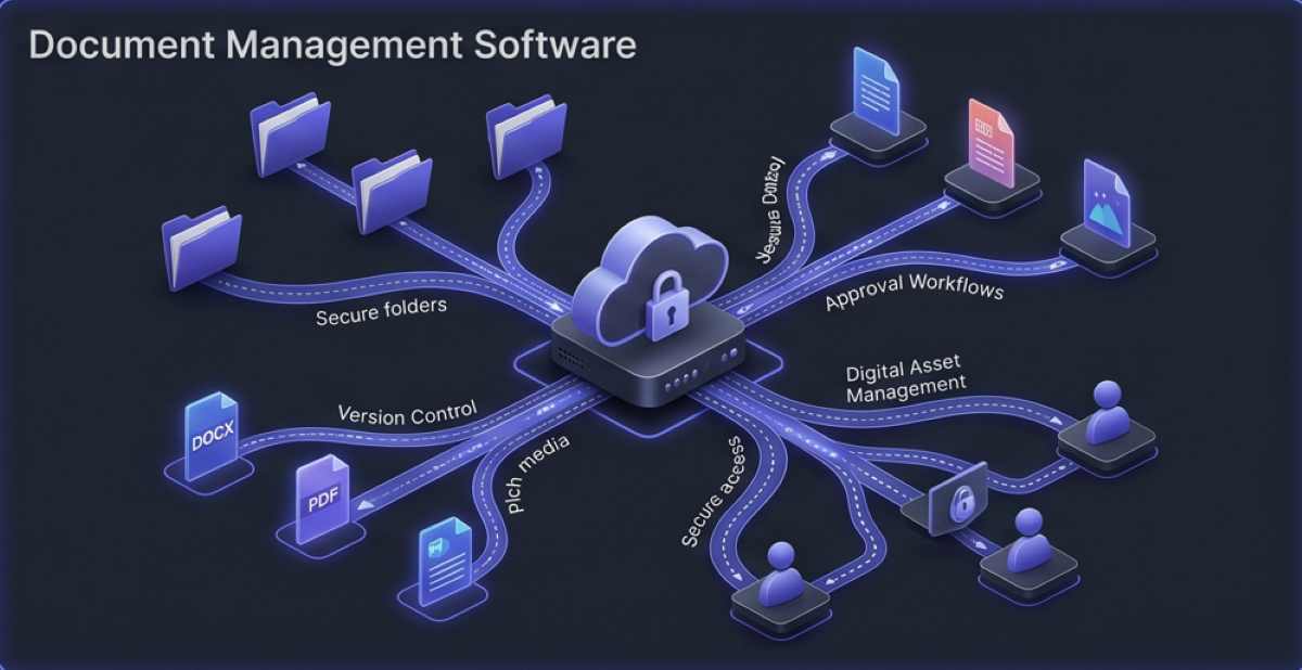 A sophisticated 3D isometric visualization for a Zoho WorkDrive product review, featuring secure folders and documents fanning into a cloud server via encrypted pathways with glowing indigo accents, representing digital workflow automation and version control in a high-tech SaaS visual.