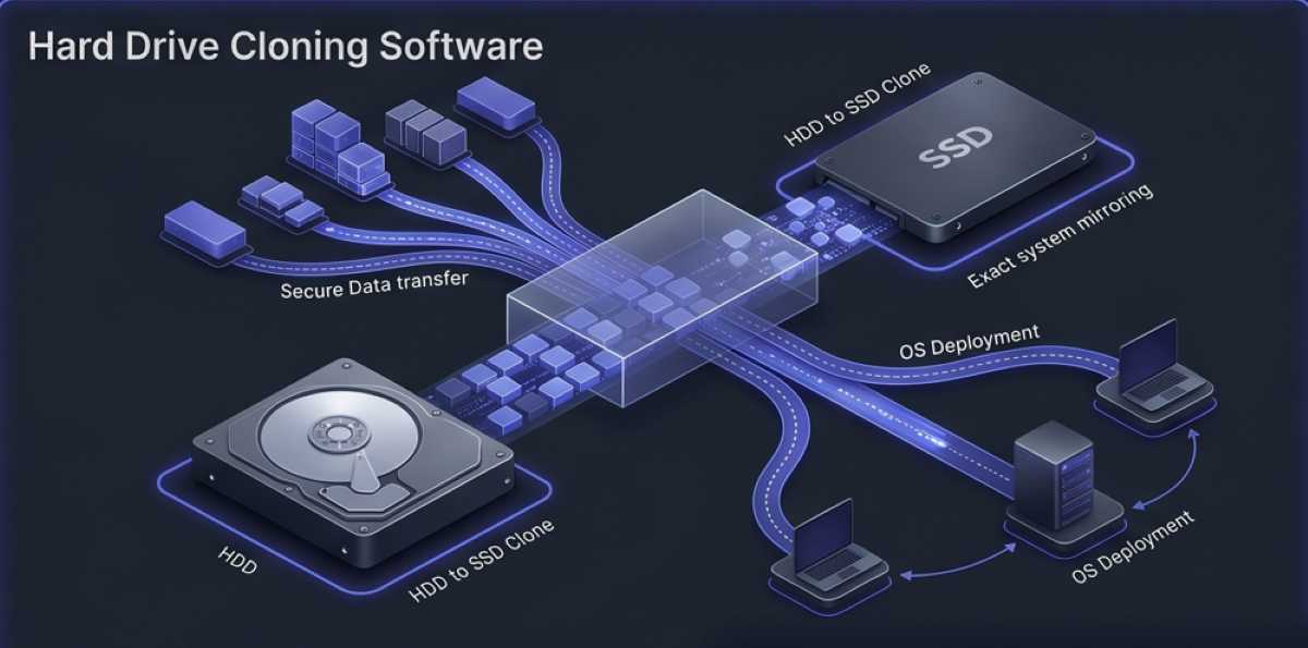A sophisticated 3D isometric visualization for a ManageEngine OS Deployer product review, featuring a traditional mechanical hard drive (HDD) visualised as a data source fanning digital blocks to a modern solid-state drive (SSD) across a transparent bridge with glowing indigo accents, representing rapid system migration and identical system mirroring in a high-tech visual.
