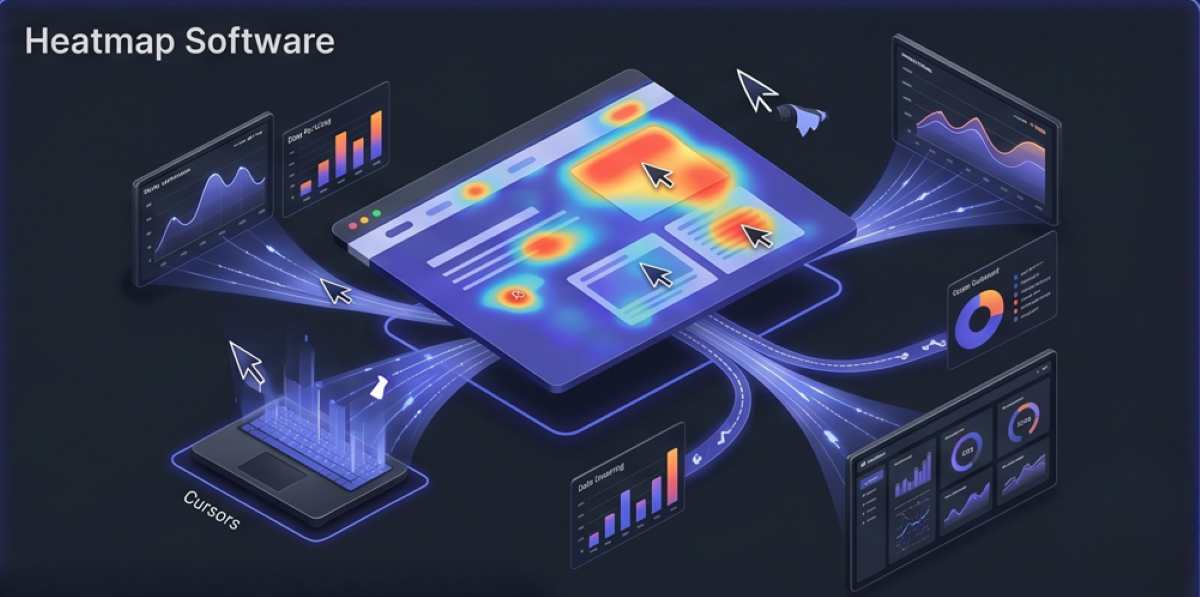 A sophisticated 3D isometric visualization for a Zoho SalesIQ product review, featuring thermal color overlays visualising user behavior (clicks, moves, scrolls) on a webpage interface projected onto a central terminal with glowing indigo accents, representing conversion rate optimization (CRO) in a cinematic SaaS visual.