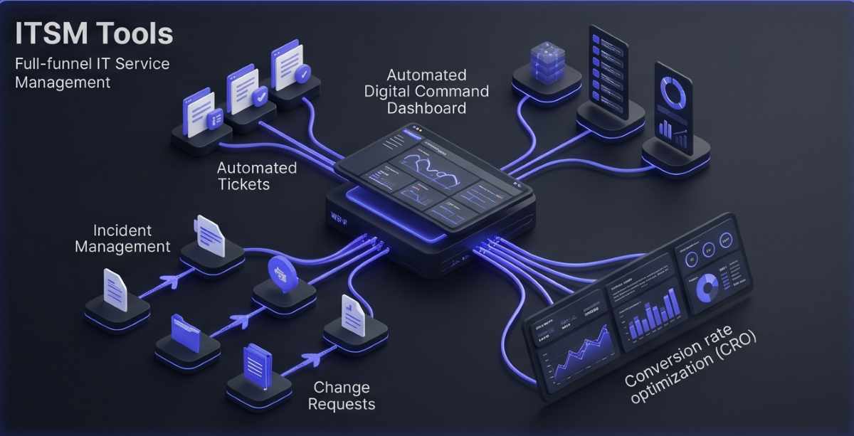 Professional 3D isometric visualization of an ITSM tools command dashboard with glowing indigo automated ticket workflows and performance charts on a deep dark gray background.