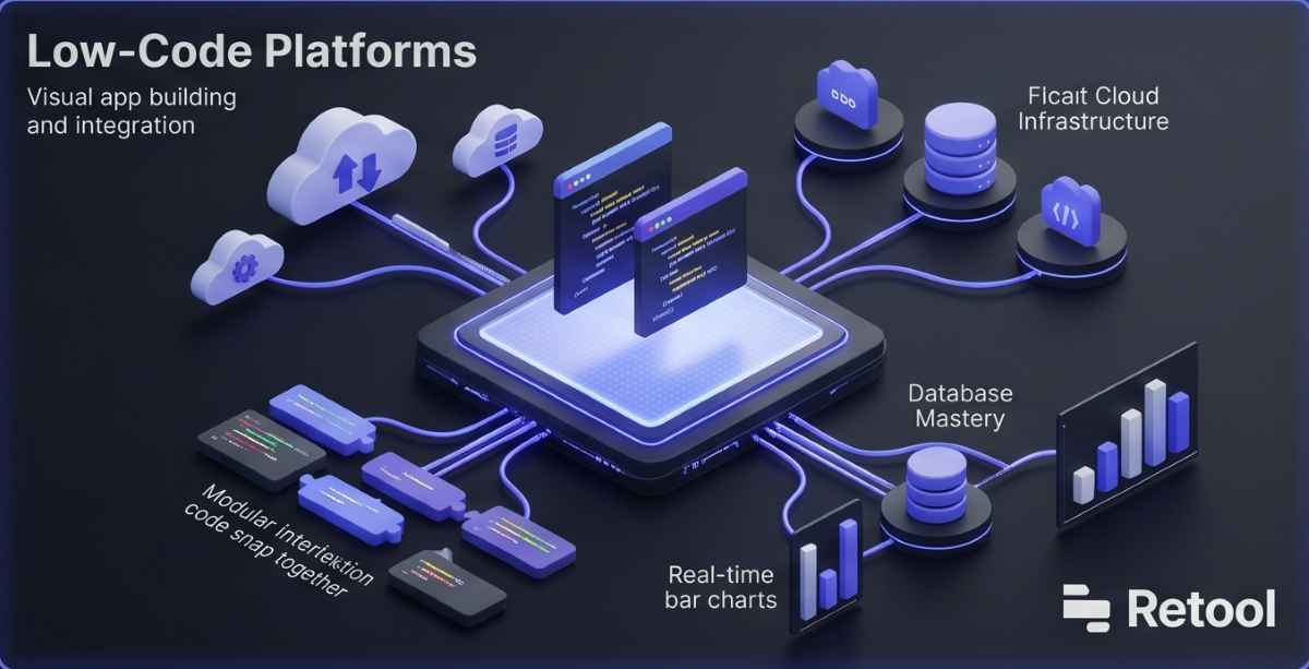 Professional 3D isometric visualization of a low-code development platform (featuring a Retool example), showing modular code blocks snapping together with indigo glowing API connections on a deep dark gray background.