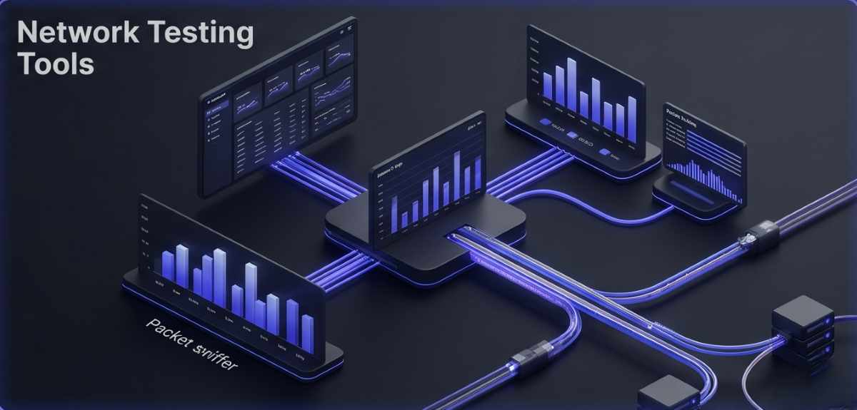 Professional 3D isometric visualization of a network testing and diagnostics environment, featuring glowing indigo fiber-optic pathways and data packets displaying real-time bandwidth and latency metrics on a deep dark gray background.
