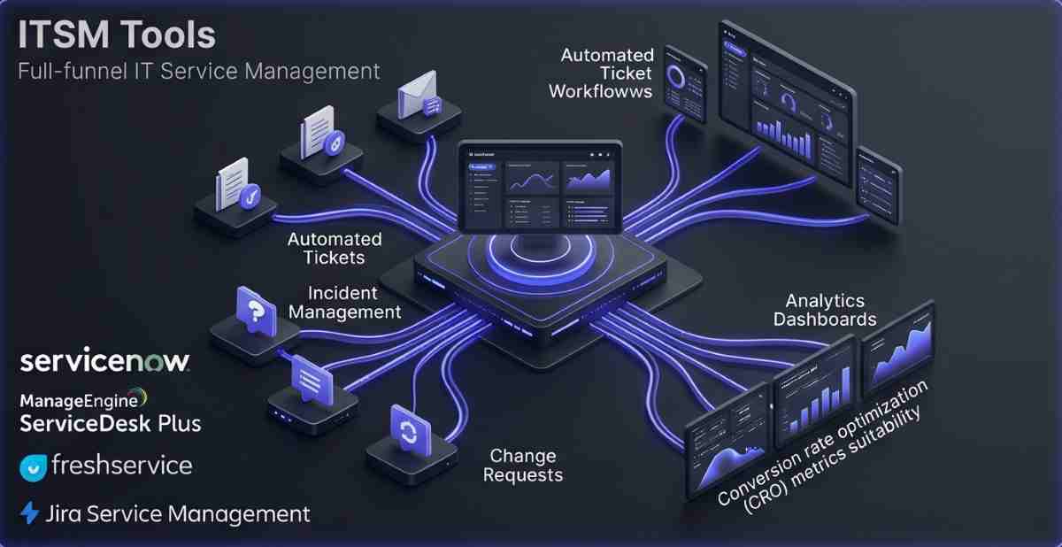 A professional 3D isometric visualization of an IT Service Management (ITSM) command dashboard on a dark gray background, featuring glowing indigo ticket workflows and performance charts, alongside logos for ServiceNow, ManageEngine ServiceDesk Plus, Freshservice, and Jira Service Management.