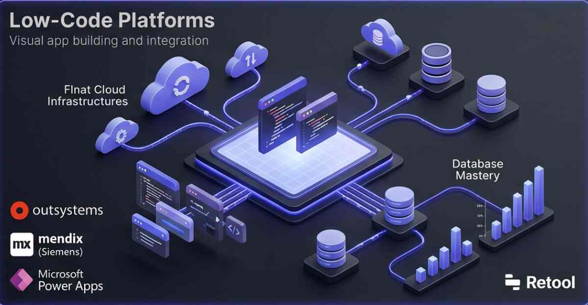 A high-tech 3D isometric visualization of a low-code development environment on a dark gray background, showing modular code blocks and cloud databases connected by glowing indigo data paths, featuring logos for OutSystems, Mendix, Microsoft Power Apps, and Retool. A high-tech 3D isometric visualization of a low-code development environment on a dark gray background, showing modular code blocks and cloud databases connected by glowing indigo data paths, featuring logos for OutSystems, Mendix, Microsoft Power Apps, and Retool.