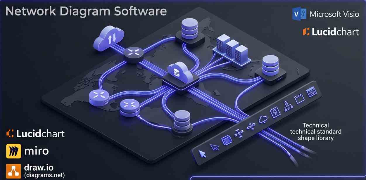 A sleek 3D isometric visualization of a network topology diagram being constructed on a digital canvas with glowing indigo data nodes and connections against a dark gray background, including logos for Microsoft Visio, Lucidchart, Miro, and Draw.io. A sleek 3D isometric visualization of a network topology diagram being constructed on a digital canvas with glowing indigo data nodes and connections against a dark gray background, including logos for Microsoft Visio, Lucidchart, Miro, and Draw.io.