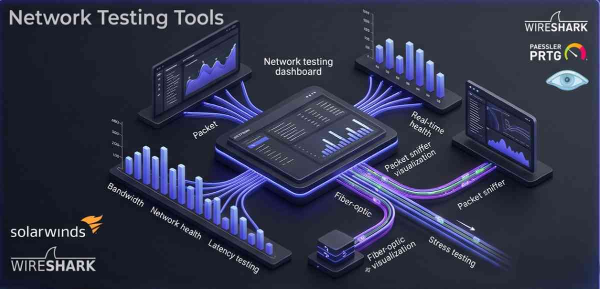 A professional 3D isometric visualization of a network testing and diagnostics dashboard on a dark gray background, displaying glowing indigo fiber-optic pathways and real-time bandwidth metrics, alongside logos for Wireshark, Paessler PRTG, SolarWinds, and Nmap. A professional 3D isometric visualization of a network testing and diagnostics dashboard on a dark gray background, displaying glowing indigo fiber-optic pathways and real-time bandwidth metrics, alongside logos for Wireshark, Paessler PRTG, SolarWinds, and Nmap.