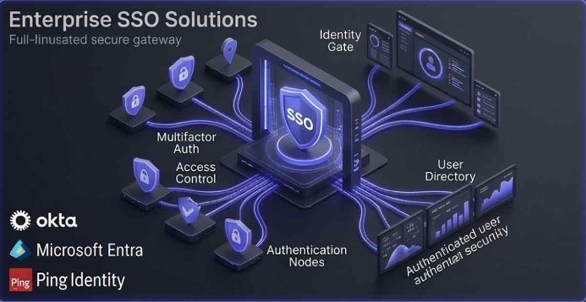 3D isometric diagram of enterprise SSO solutions and secure identity gateways, featuring authentication nodes for Okta, Microsoft Entra, and Ping Identity. 3D isometric diagram of enterprise SSO solutions and secure identity gateways, featuring authentication nodes for Okta, Microsoft Entra, and Ping Identity.