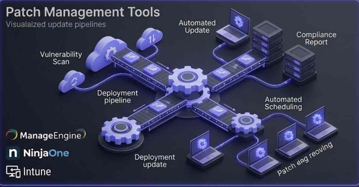 3D visualization of patch management tools showing an automated deployment pipeline with vulnerability scanning, featuring ManageEngine, NinjaOne, and Microsoft Intune.