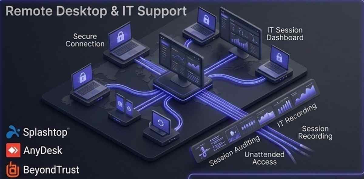 3D illustration of remote desktop and IT support software demonstrating secure connections, session auditing, and unattended access for Splashtop, AnyDesk, and BeyondTrust. 3D illustration of remote desktop and IT support software demonstrating secure connections, session auditing, and unattended access for Splashtop, AnyDesk, and BeyondTrust.