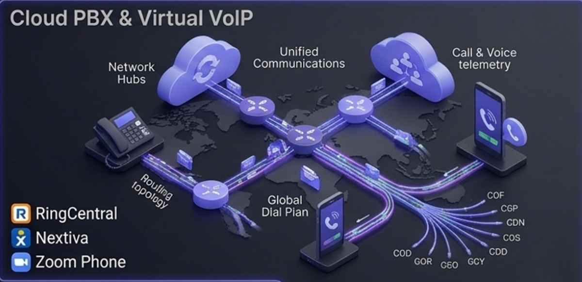 3D graphic of cloud PBX and virtual VoIP unified communications networks, illustrating global call routing topologies for RingCentral, Nextiva, and Zoom Phone. 3D graphic of cloud PBX and virtual VoIP unified communications networks, illustrating global call routing topologies for RingCentral, Nextiva, and Zoom Phone.
