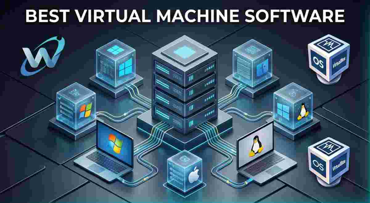 3D isometric infographic illustrating enterprise virtual machine software. A central server rack abstracts hardware to run multiple guest operating systems (Windows, Linux, macOS) on connected laptops and floating data cubes. Best Virtual Machine Software for B2B scaling. 3D isometric infographic illustrating enterprise virtual machine software. A central server rack abstracts hardware to run multiple guest operating systems (Windows, Linux, macOS) on connected laptops and floating data cubes. Best Virtual Machine Software for B2B scaling.